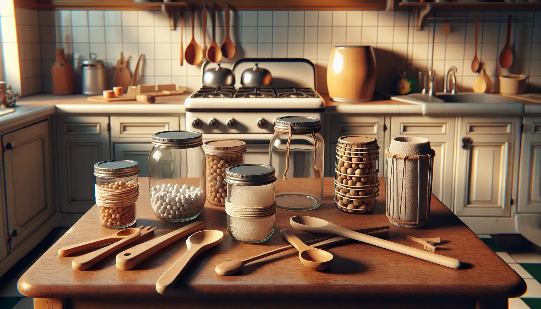 Generate an image of homemade musical instruments, including jars with elastics, wooden spoons, and jars filled with rice, arranged creatively.