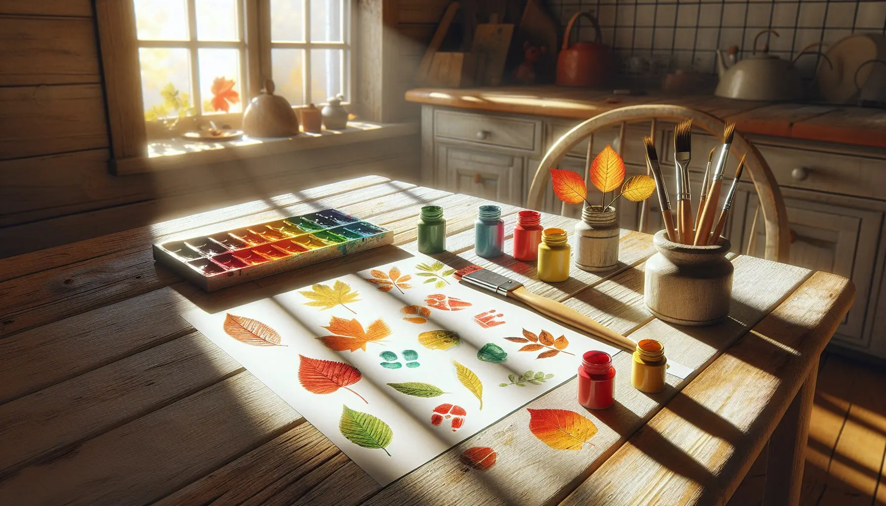 Generate an image showing a child's hand holding a paintbrush near a collection of colorful leaf prints.