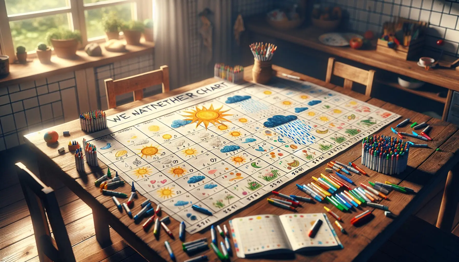 Generate an image depicting a simple weather chart with colorful symbols for different weather conditions.