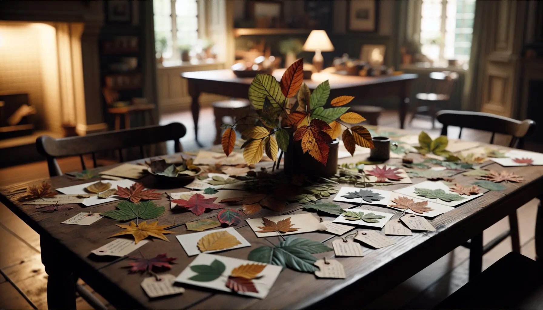 Generate a collage of leaf artwork with hashtags and autumn leaves in the background.