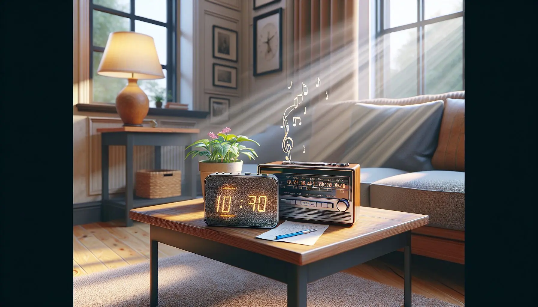 Generate an image of a timer and a playful, colorful stereo with music notes emanating from it.