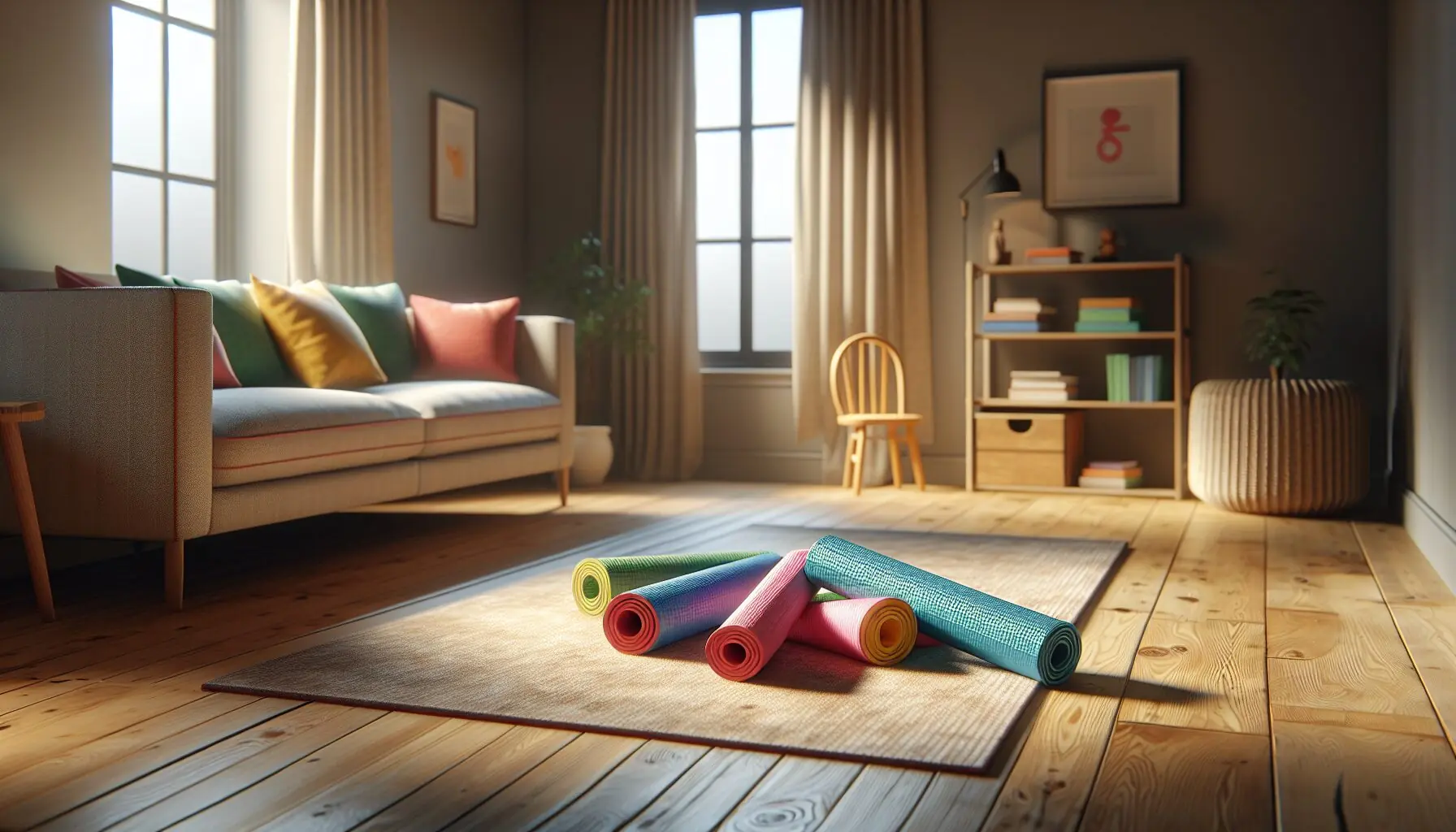 Generate an image of a tidy playroom transformed by bright children's exercise mats rolled up neatly.