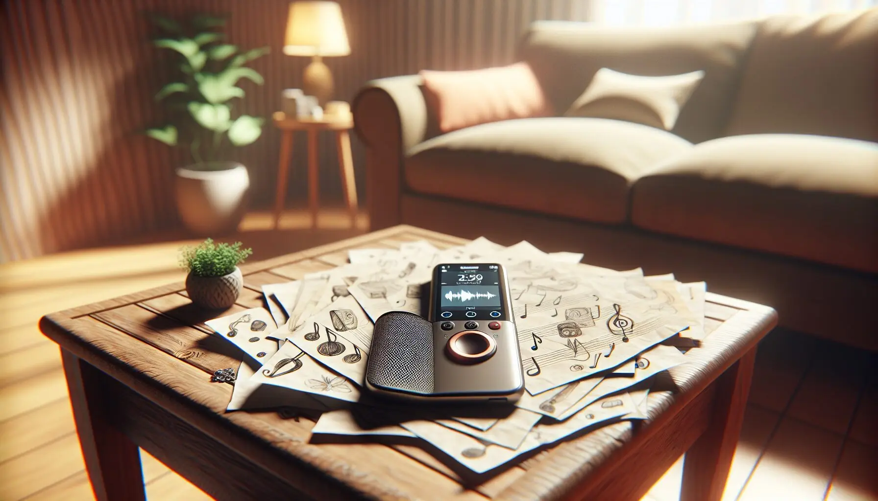 Generate an image of a recording device surrounded by musical-themed doodles, representing the excitement of sharing family-made music.