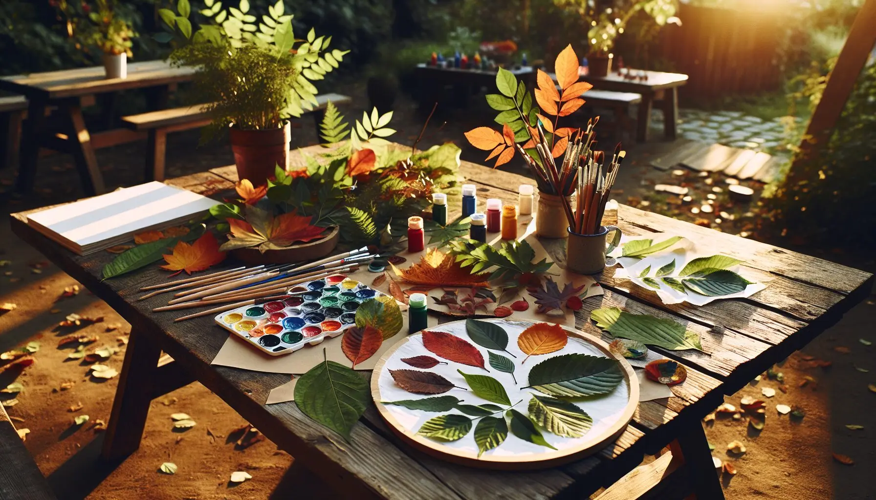 Generate an image of a child-friendly art setup with paints, leaves, and paper plates on a picnic table.