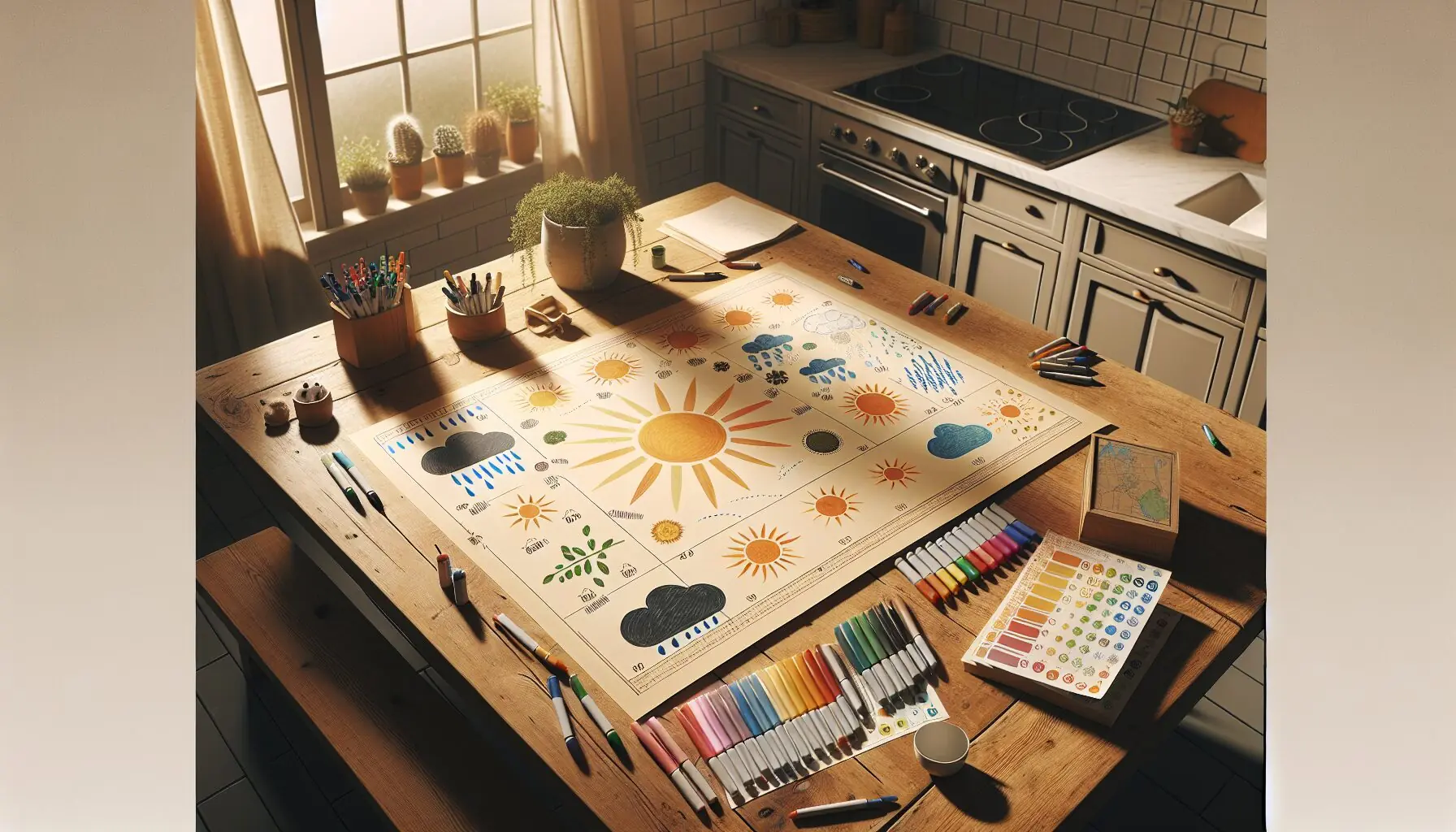 Generate an image of a table with simple weather chart materials: poster board, colorful markers, and weather stickers.