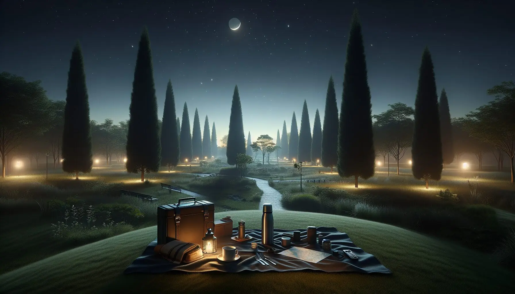 Generate an image of a serene park at dusk, showcasing silhouettes of trees under a starry sky.