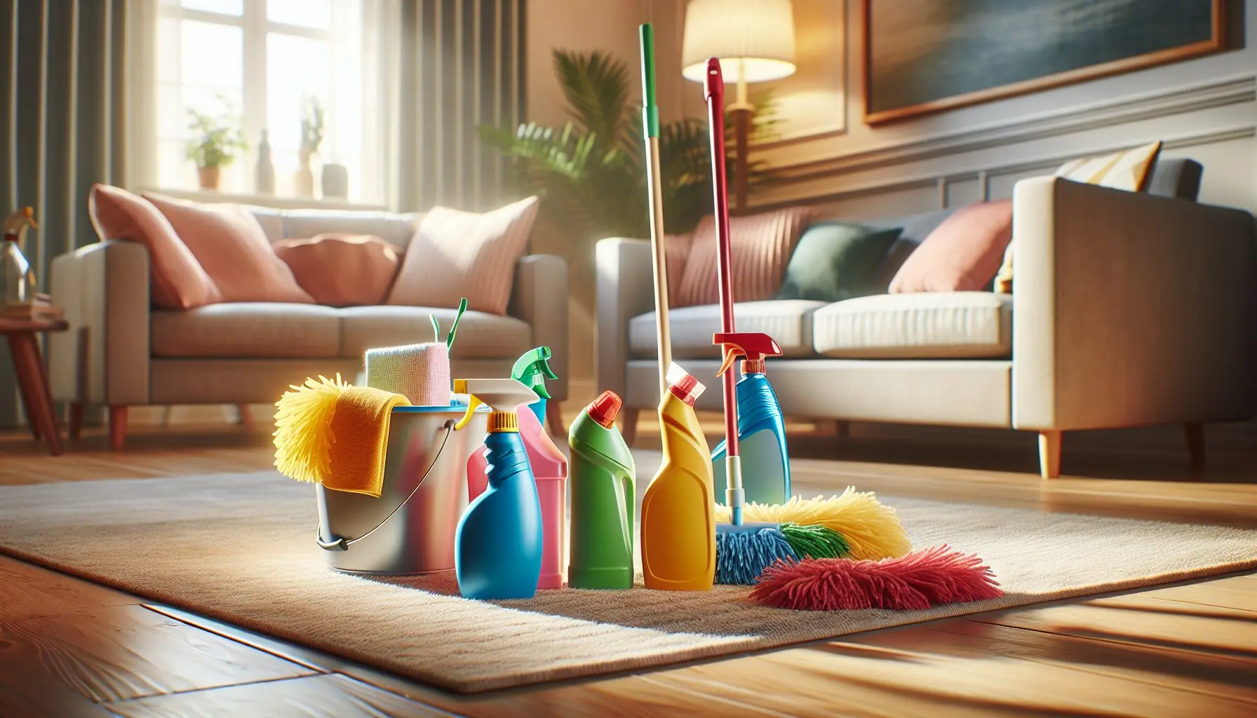 Generate an image of a cozy living room with colorful cleaning supplies scattered on the carpet.