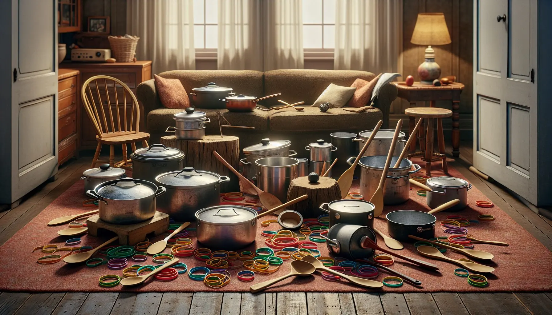 Generate an image of a cozy living room filled with various pots and pans, wooden spoons, and scattered colorful elastic bands.