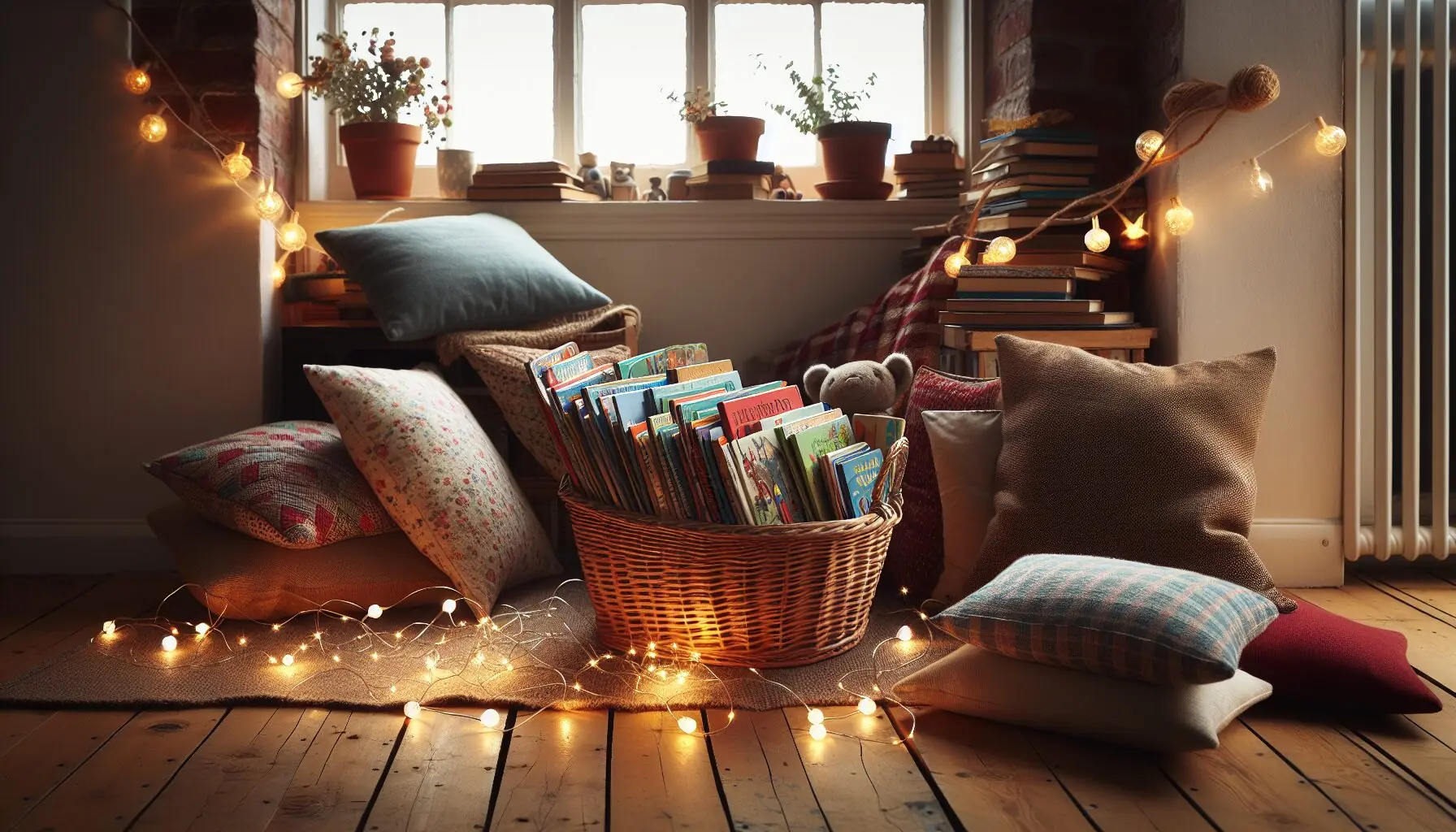 Generate an image depicting a basket filled with colorful children's books and a string of fairy lights next to plush pillows and a blanket.