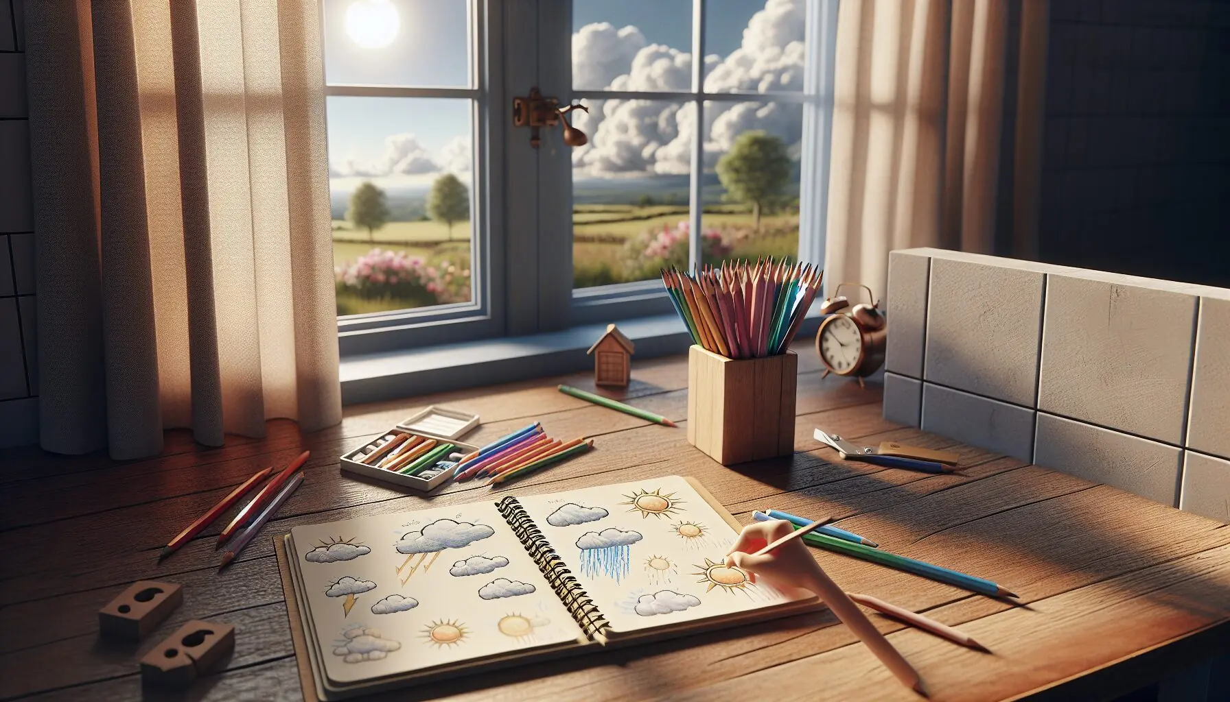 Generate an image showing a sunny and cloudy day with a small notebook and pencils beside a window.