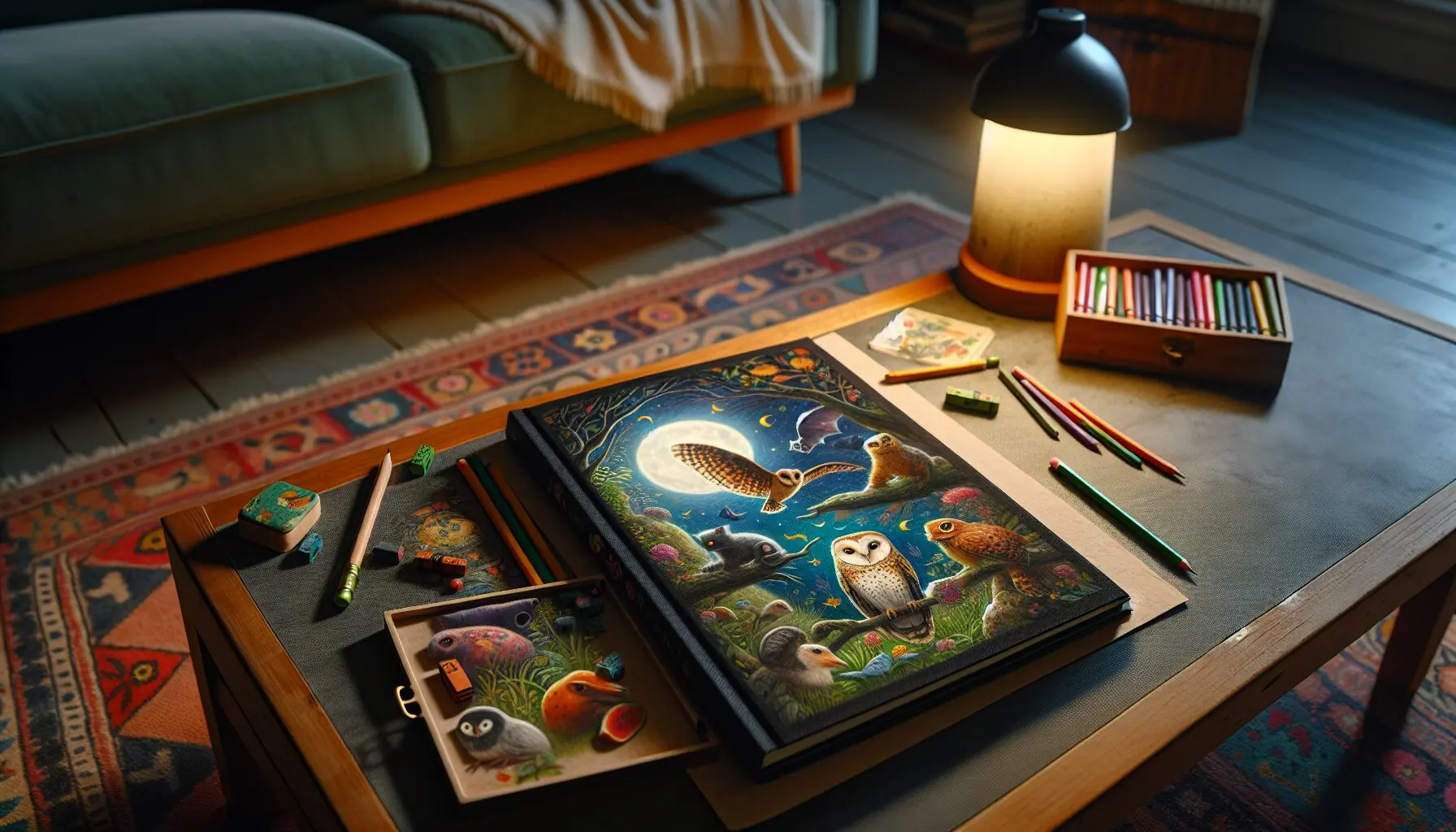 Generate an image of a whimsical nature journal page filled with drawings of nocturnal animals.