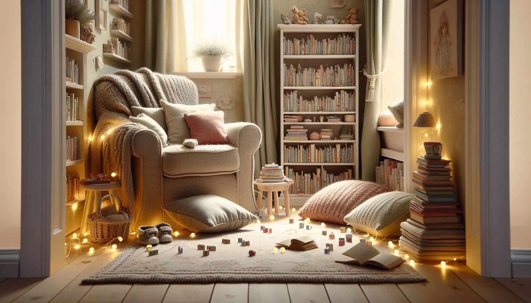 Generate an image of a cozy, softly lit reading corner with cushions, a small shelf filled with books, and fairy lights.