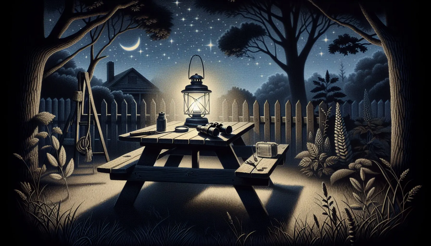 Generate an image of a child holding a flashlight among shadowy trees, gazing at an owl on a branch.