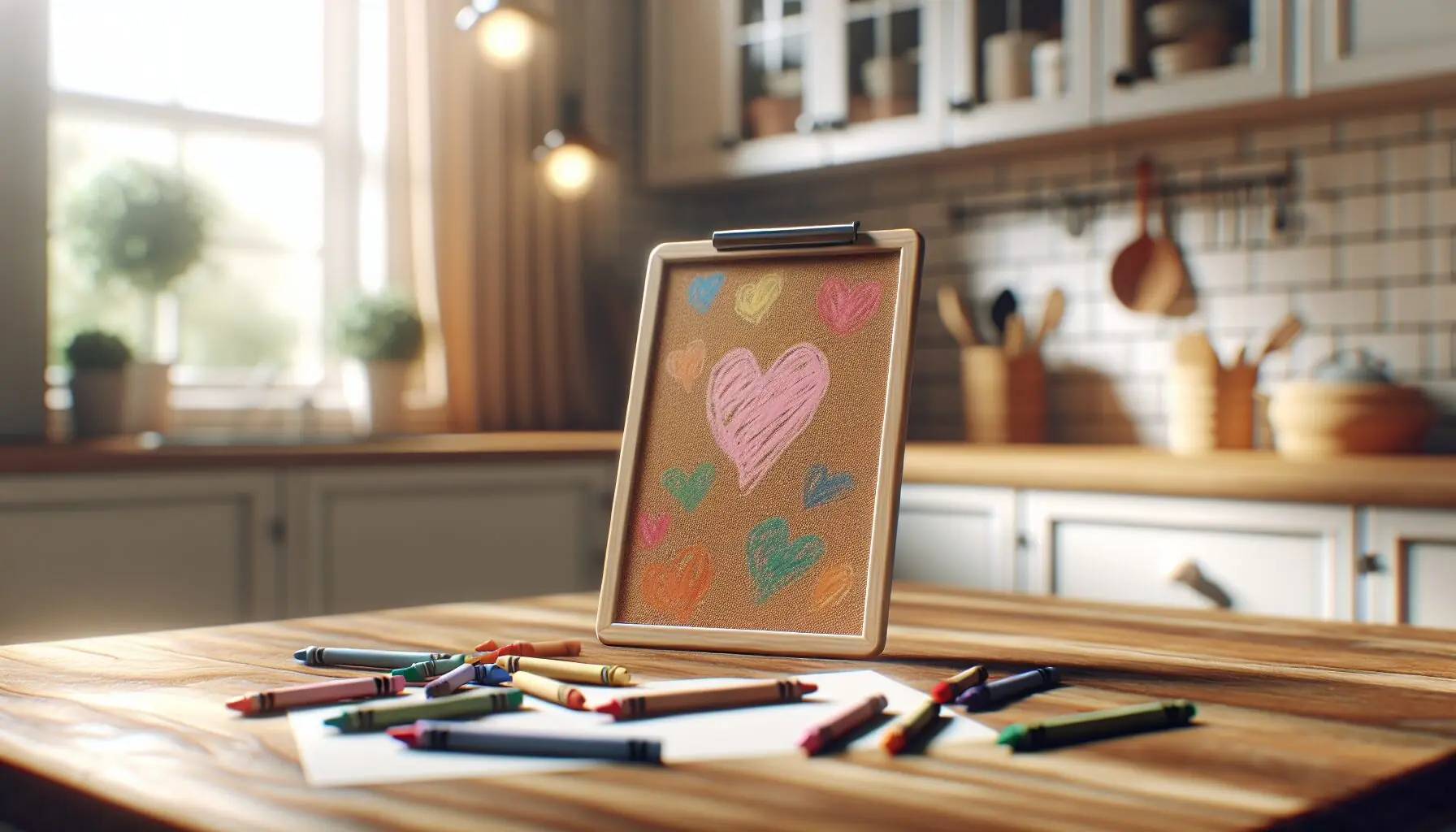 Generate an image of a fun handwritten note board with children's doodles and a heart symbol.