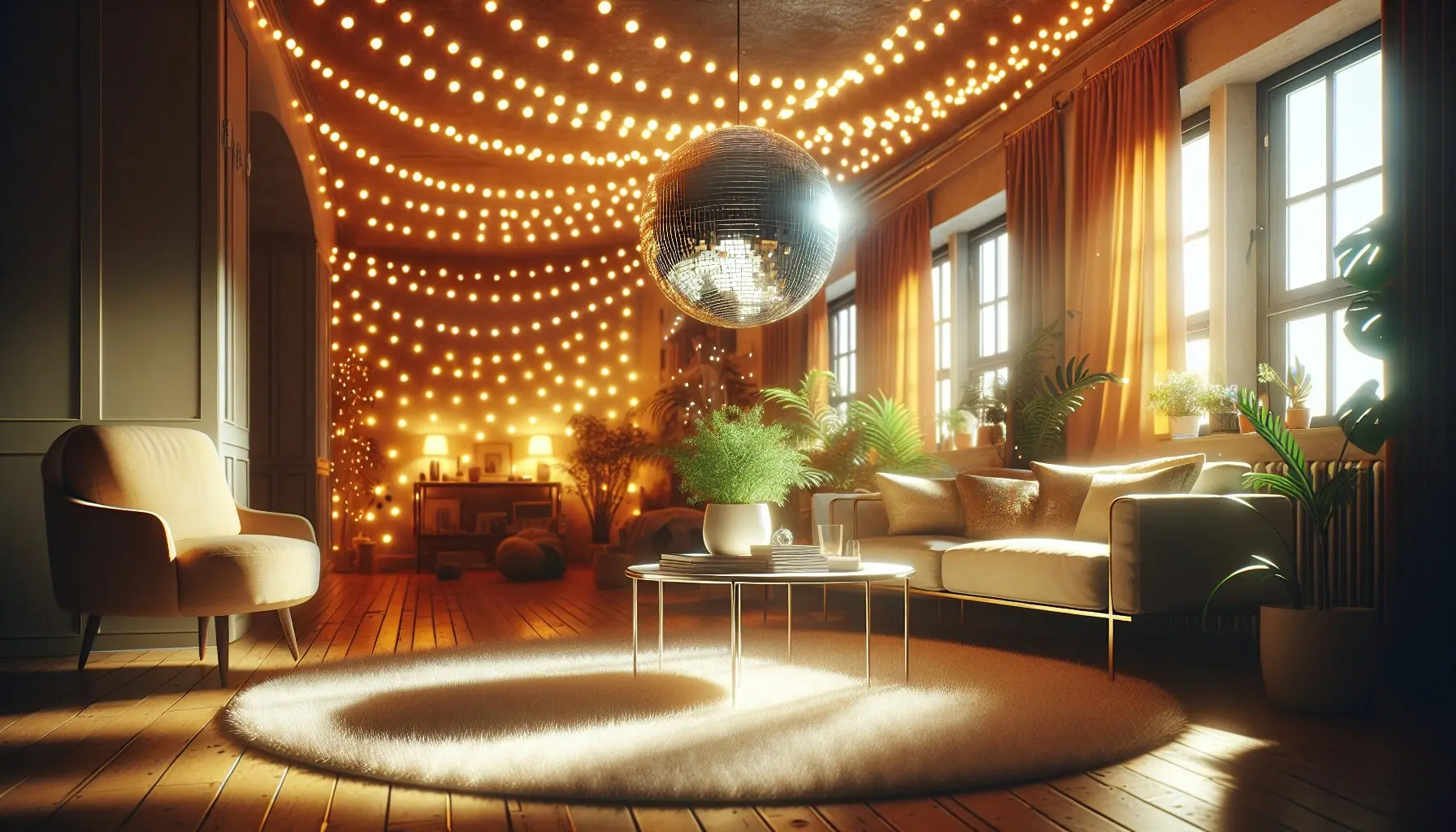 Generate an image of a cozy living room with colorful string lights and a sparkling disco ball.