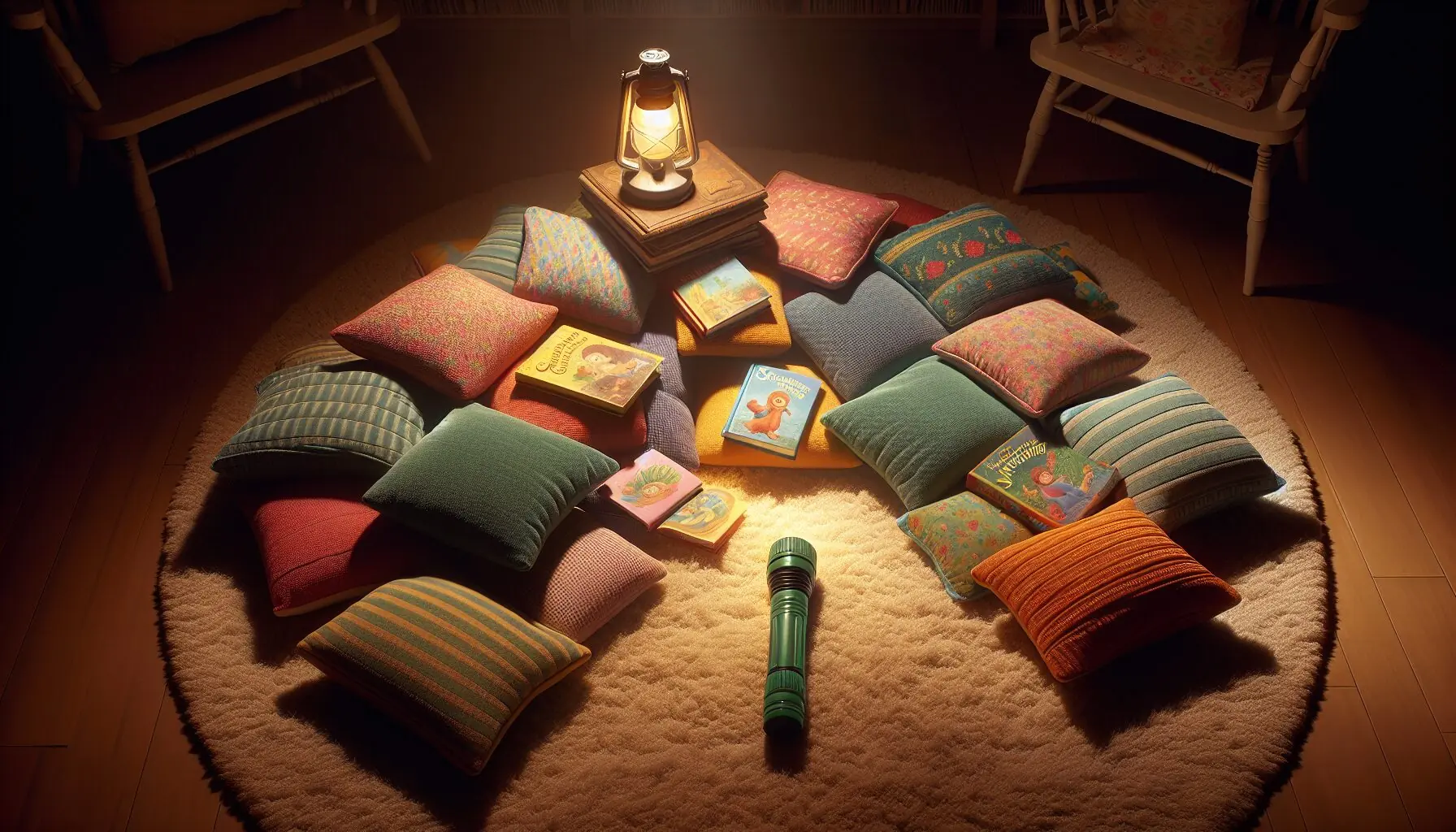 Generate an image of a flashlight and a few children's storybooks laying nearby colorful cushions.