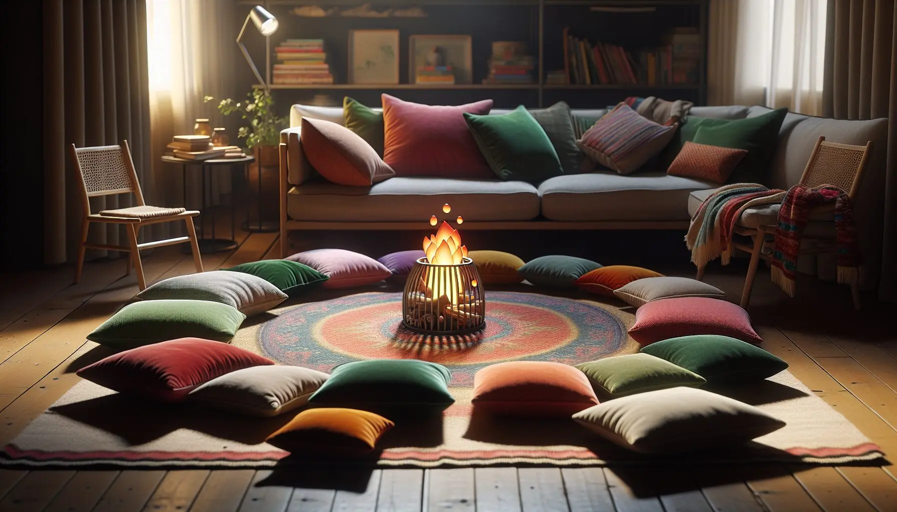 Generate an image of a cozy indoor setting with colorful cushions arranged in a circle.