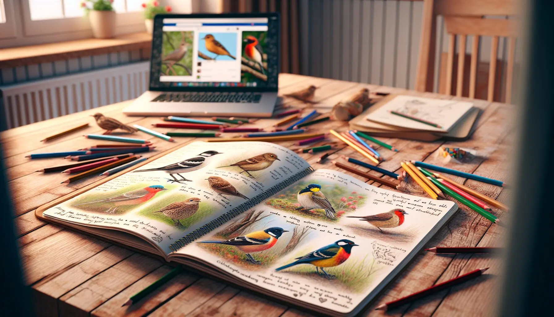 Generate an image of a social media post featuring colorful bird sketches and enthusiastic notes.