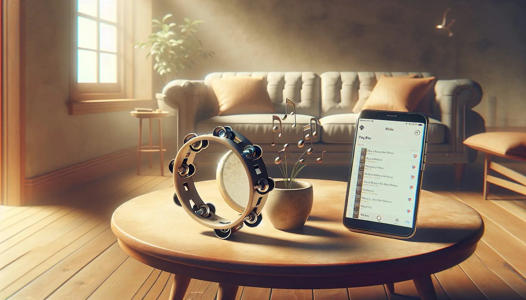 Generate an image of a cheerful child holding a tambourine, surrounded by playful music icons.