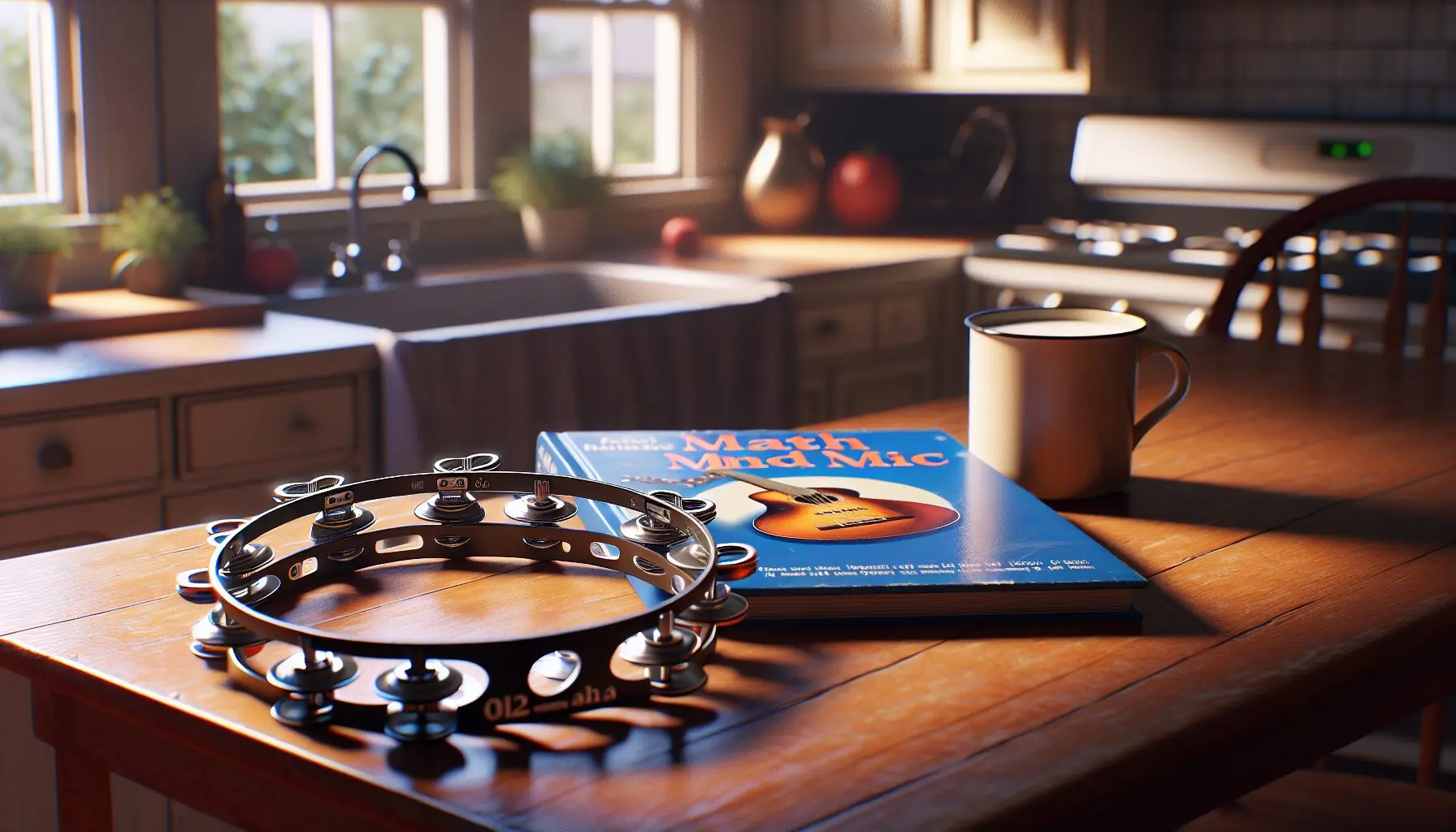 Generate an image of a tambourine next to a book with 'Math and Music' on the cover.