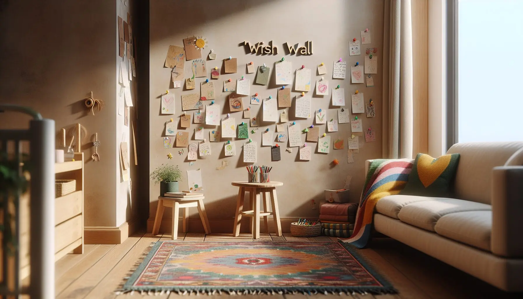 Create an image of a child's artistic 'Wish Wall' with various colorful paper notes displayed.