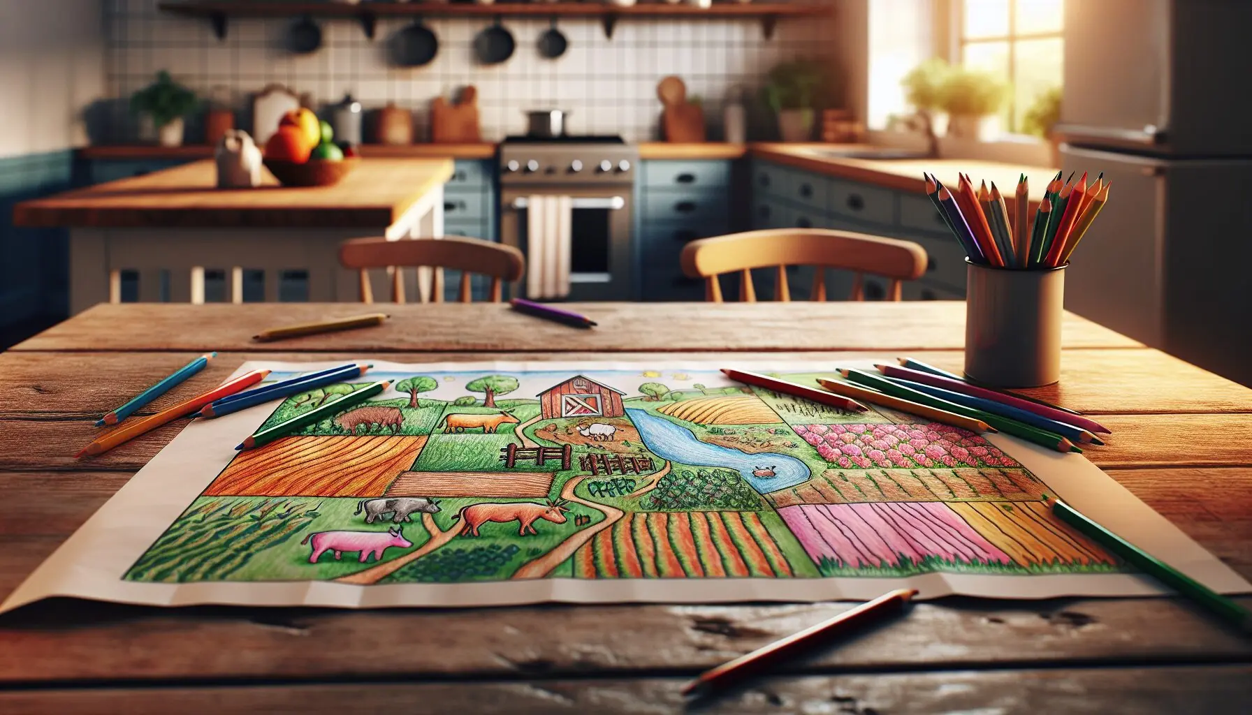 Generate an image of a colorful hand-drawn map of a farm, highlighting different animal zones and crop areas.