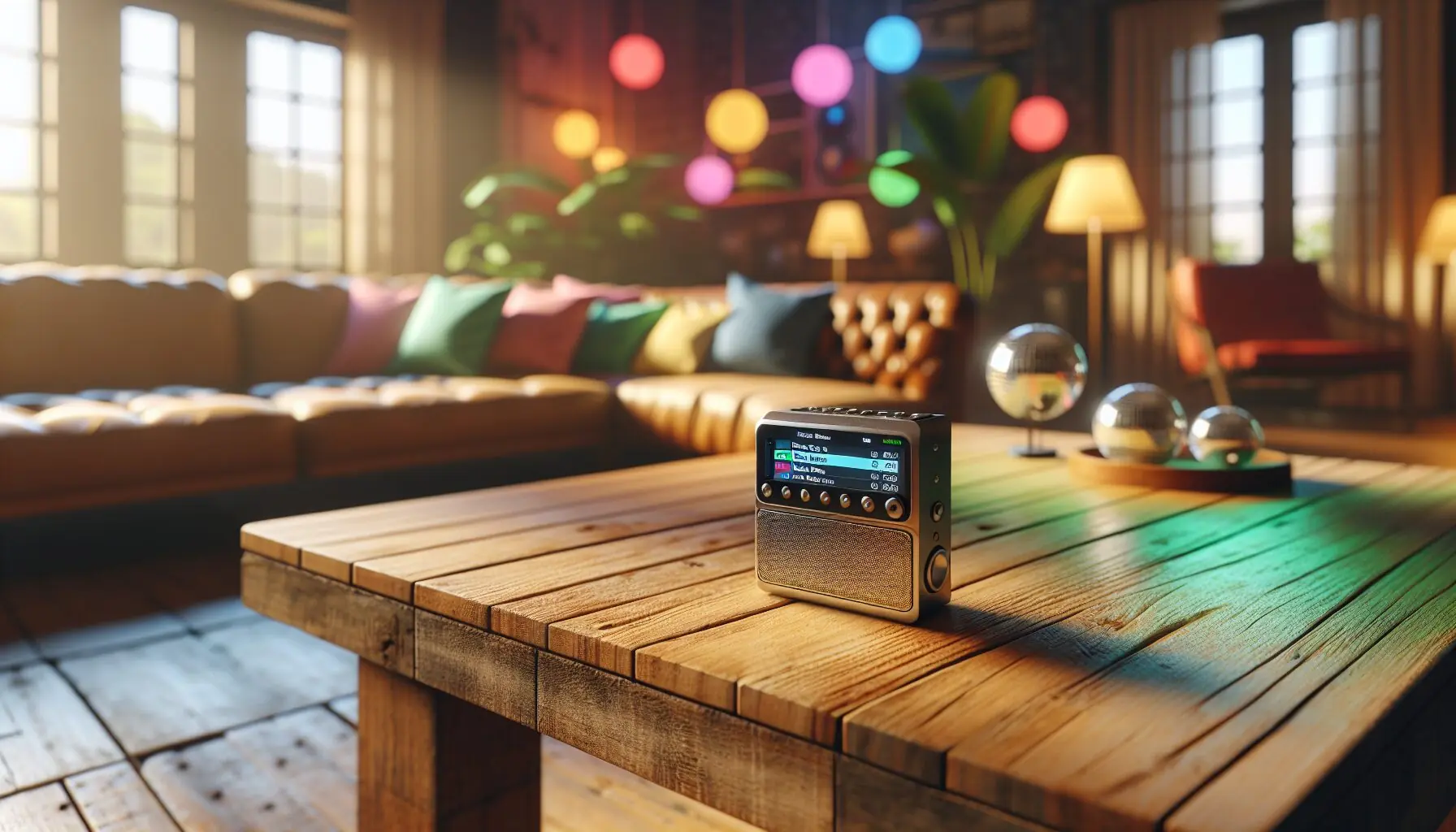 Generate an image of a music player with upbeat music lists and colorful lights in the background.