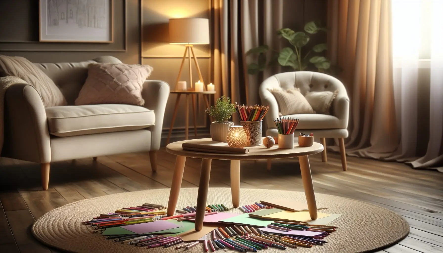 Generate an image of a cozy family sitting corner, with colorful paper and crayons on a small table.
