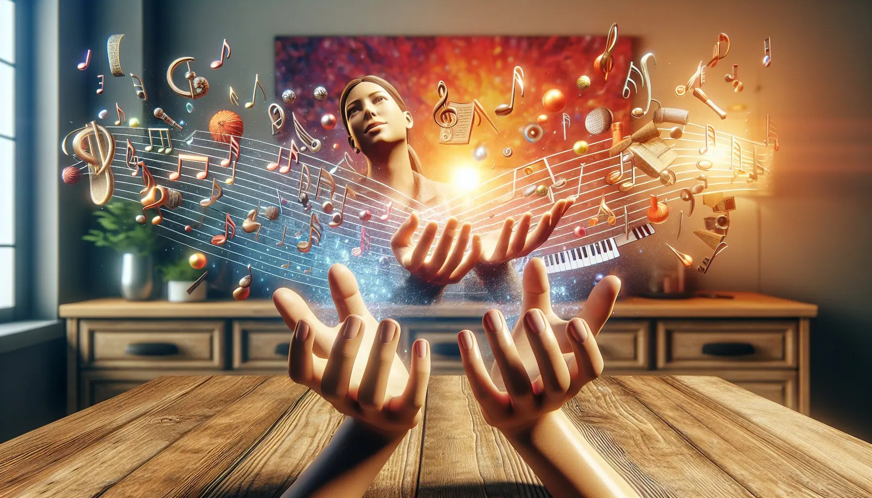 Generate an image of two hands clapping joyfully above a colorful background filled with musical symbols.