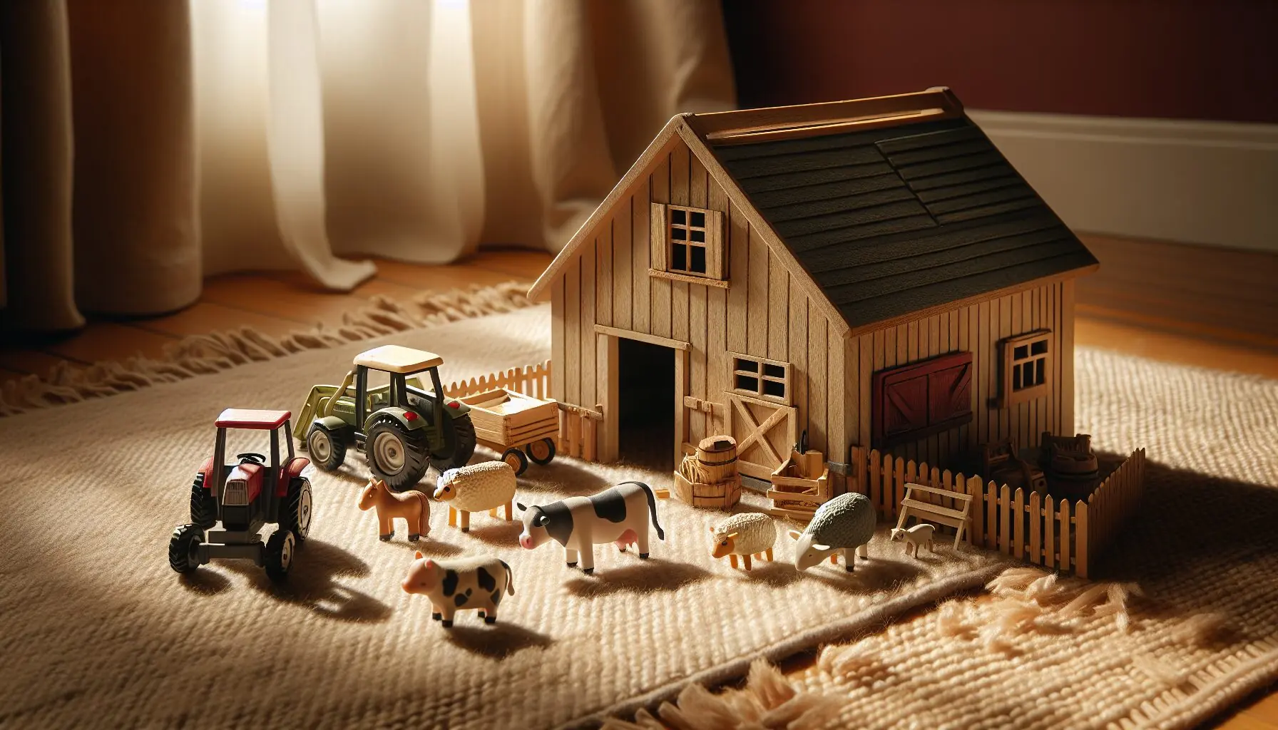 Generate an image of a rustic toy farm set complete with barns, animals, and simple props.