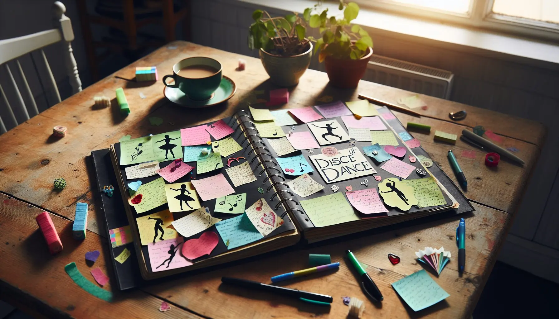 Generate an image of a scrapbook page with colorful sticky notes and dance-themed doodles.
