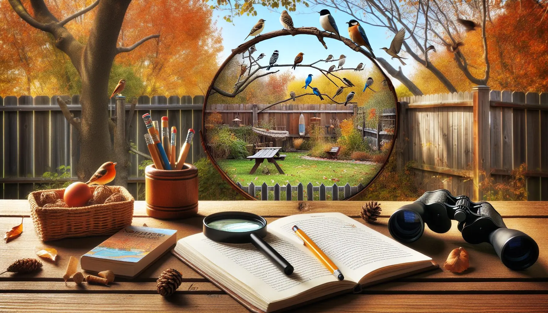 Generate an image of a vibrant local park setting with diverse bird species visible.