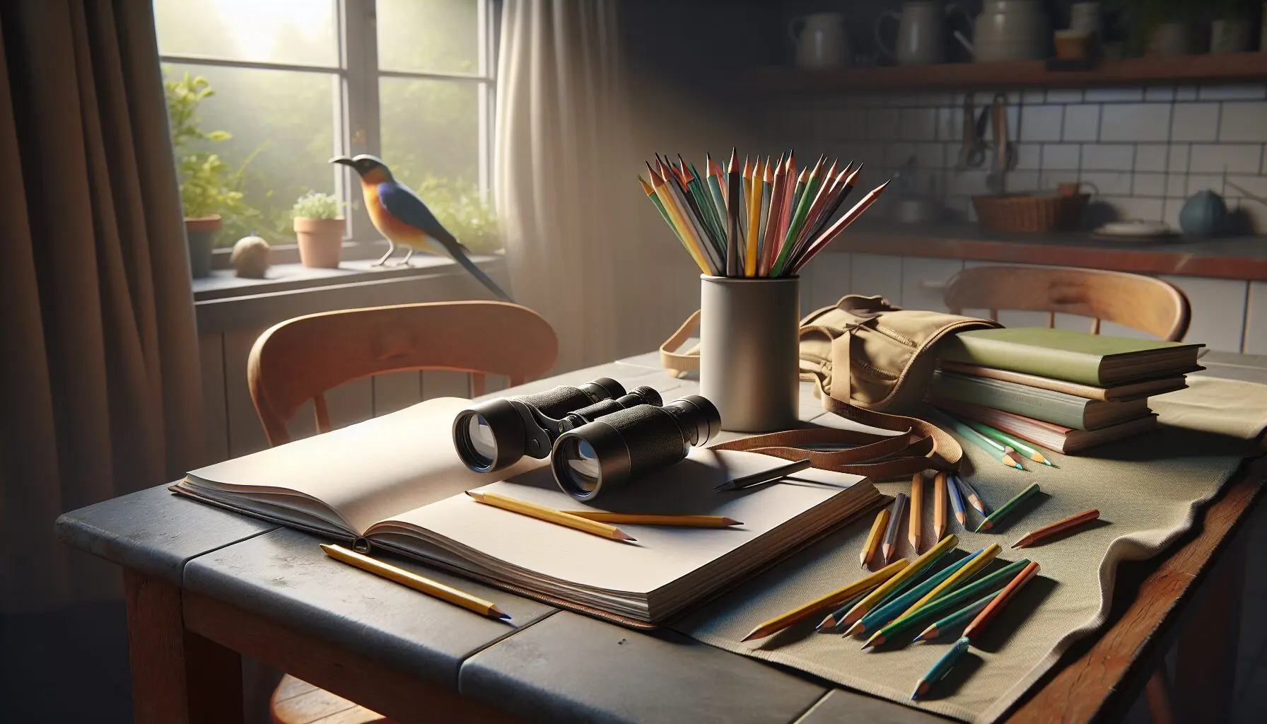 Generate an image of a table with a notebook, colored pencils, and binoculars.