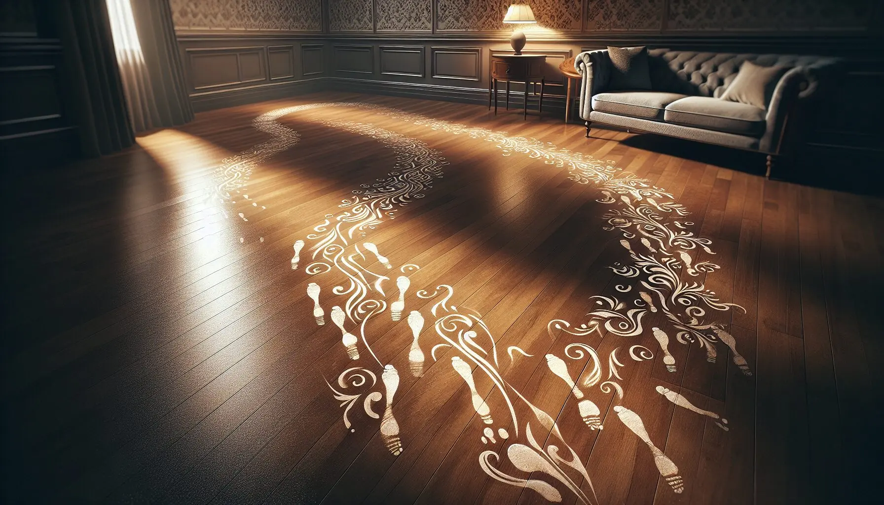 Generate an image of footprints in a dance pattern on a sparkling wooden floor.