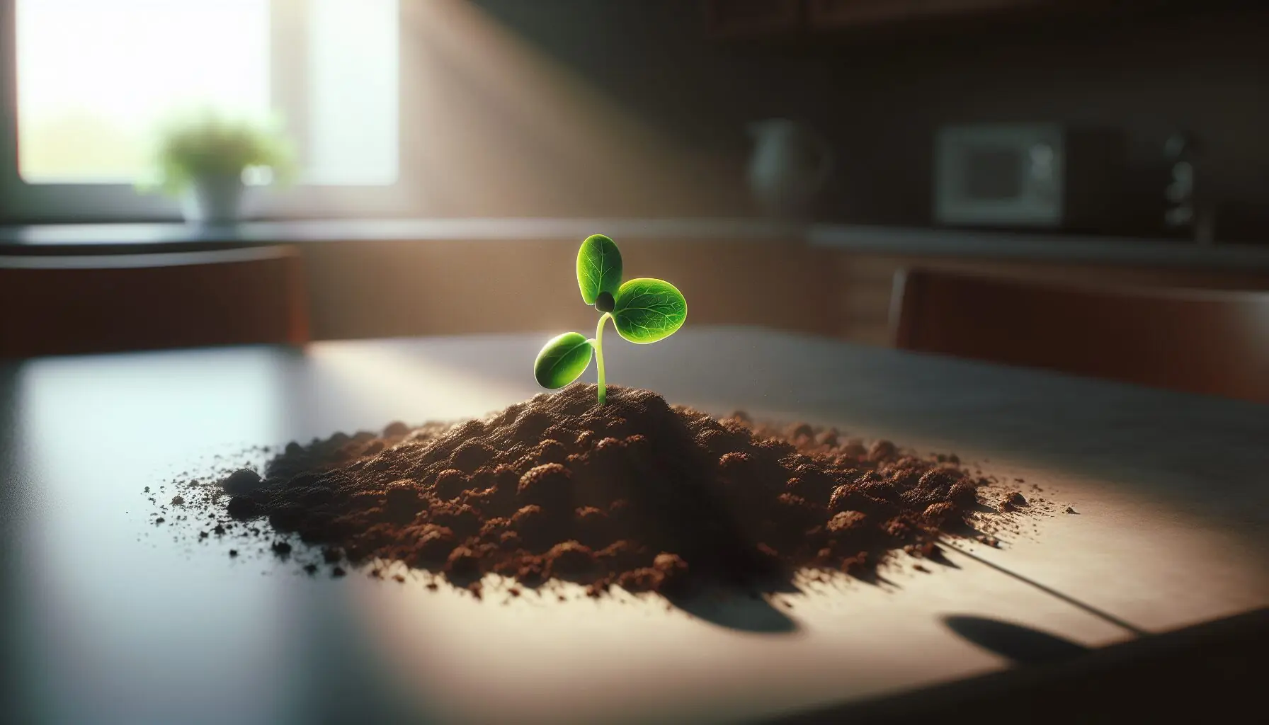 Generate an image of a child's hand holding a tiny leafy sprout above the soil, symbolizing growth and care.