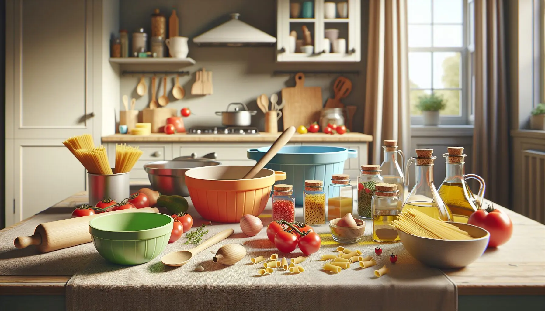 Create an image of a child-friendly cooking space with colorful mixing bowls, a wooden spoon, and ingredients for a simple family dish.