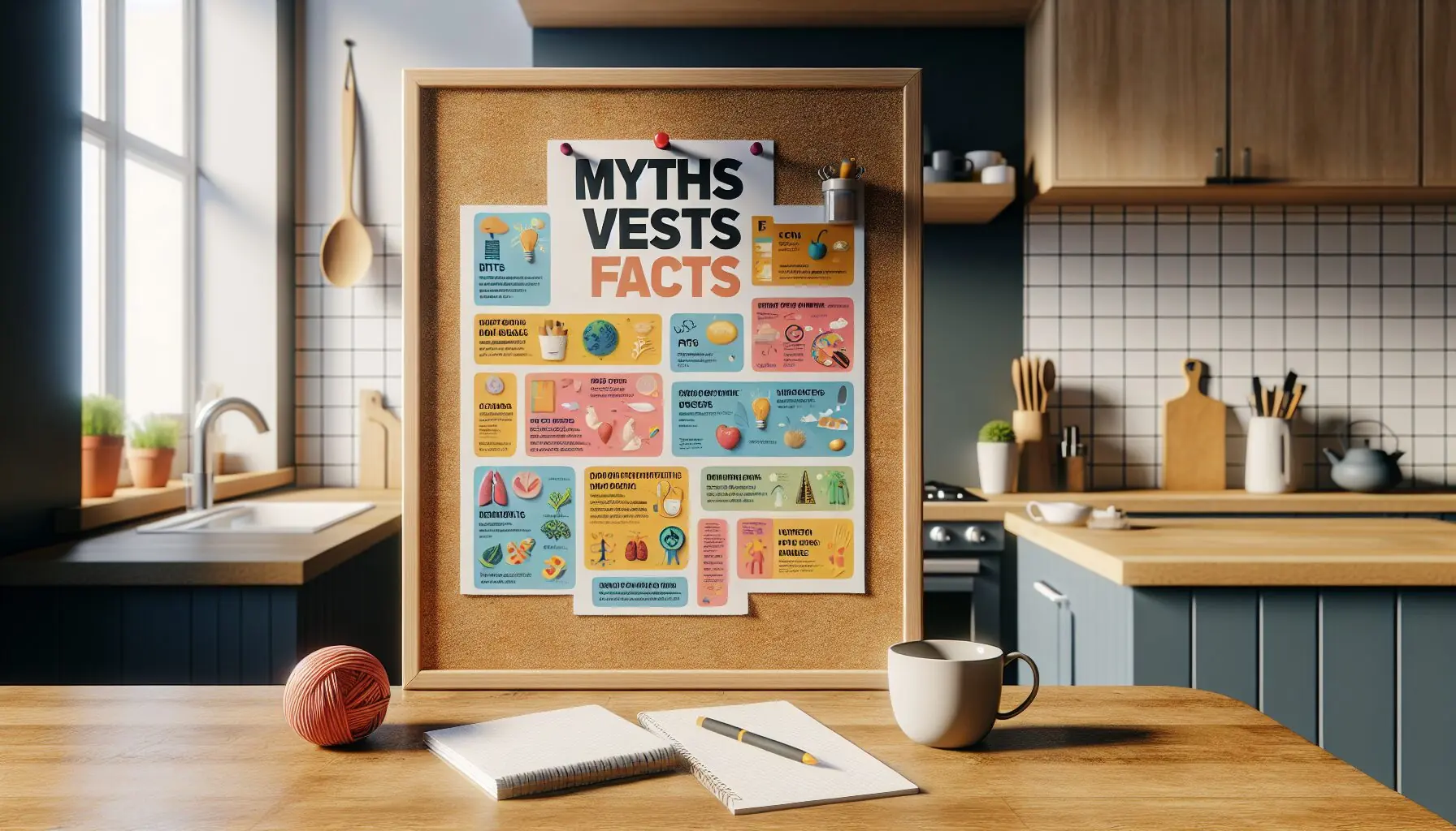 Generate an image of a colorful infographic showing myths vs. facts on a bulletin board.