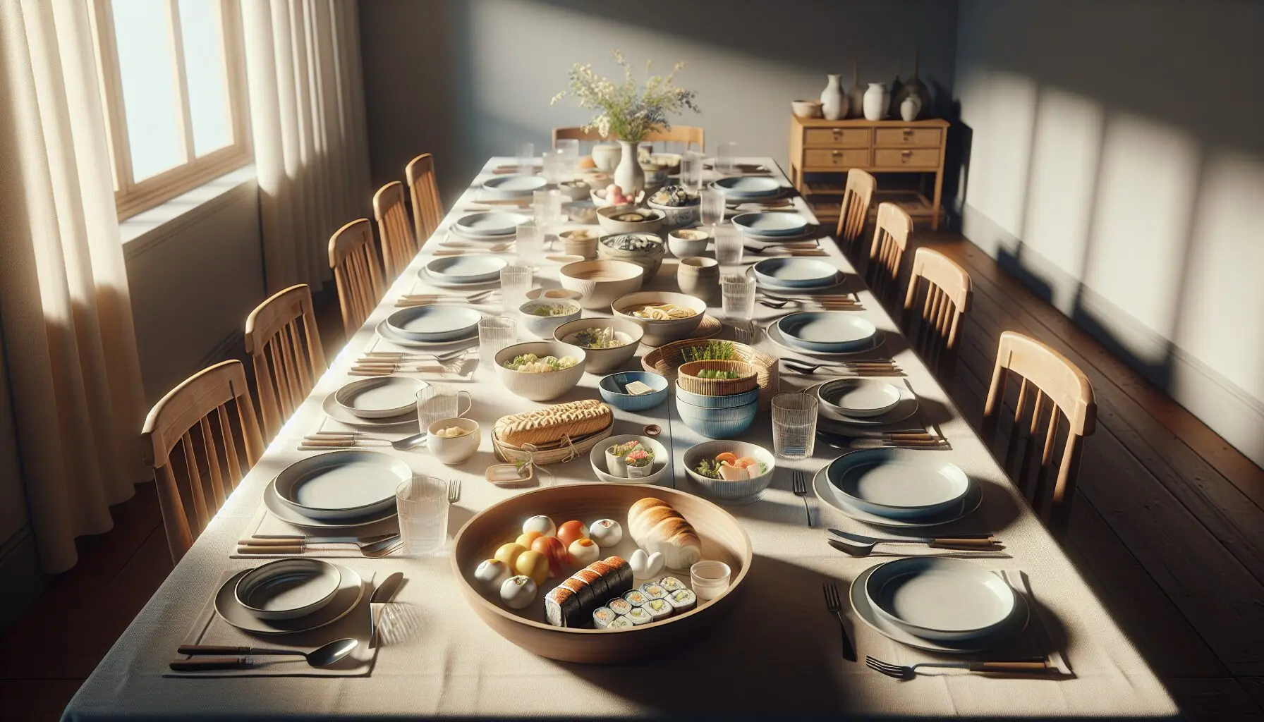 Design an image of a dining table beautifully set for a family meal, showcasing an inviting and warm atmosphere with cultural influences.