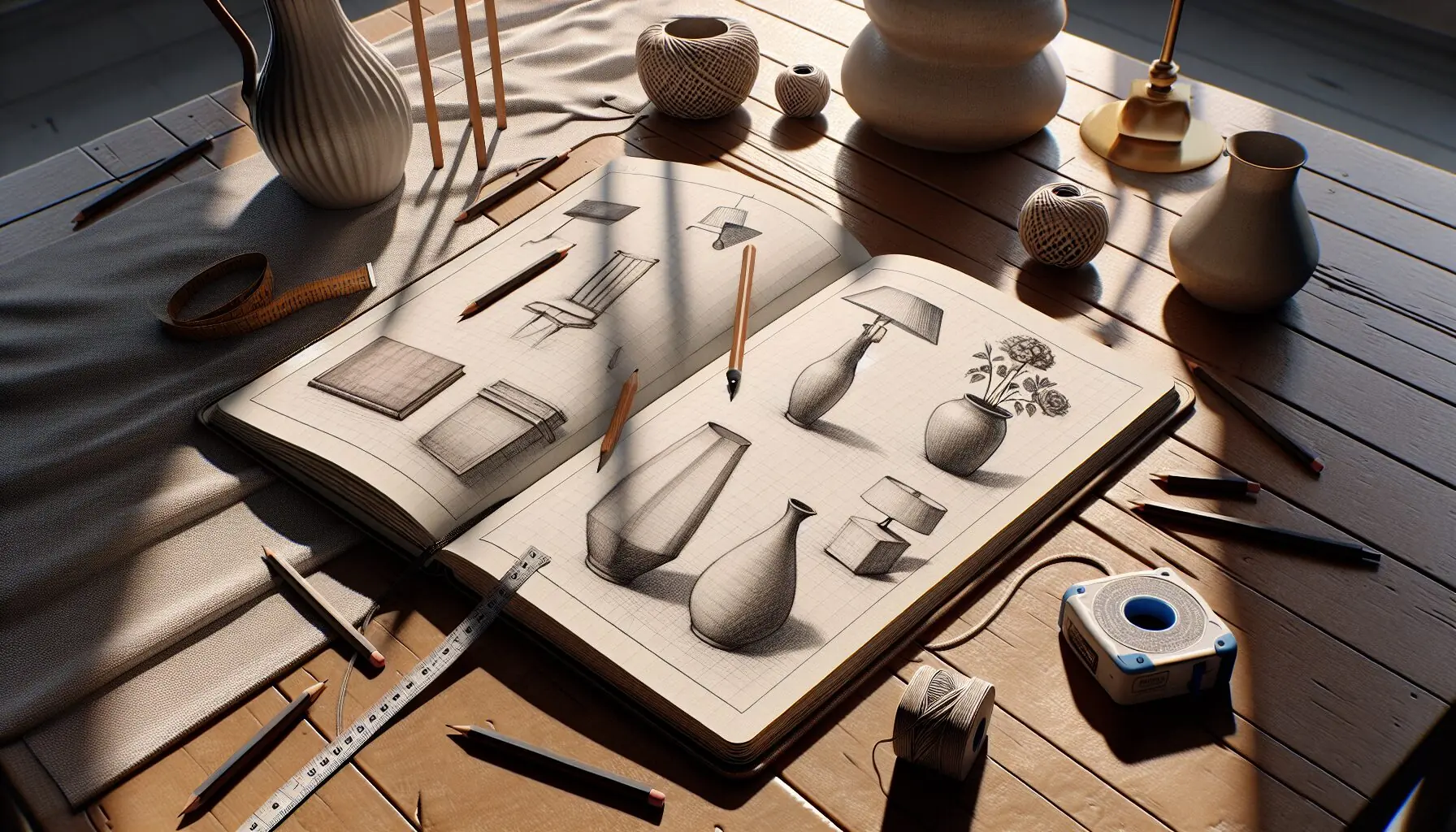 Generate an image of a playful notebook with sketches of different objects and height annotations.