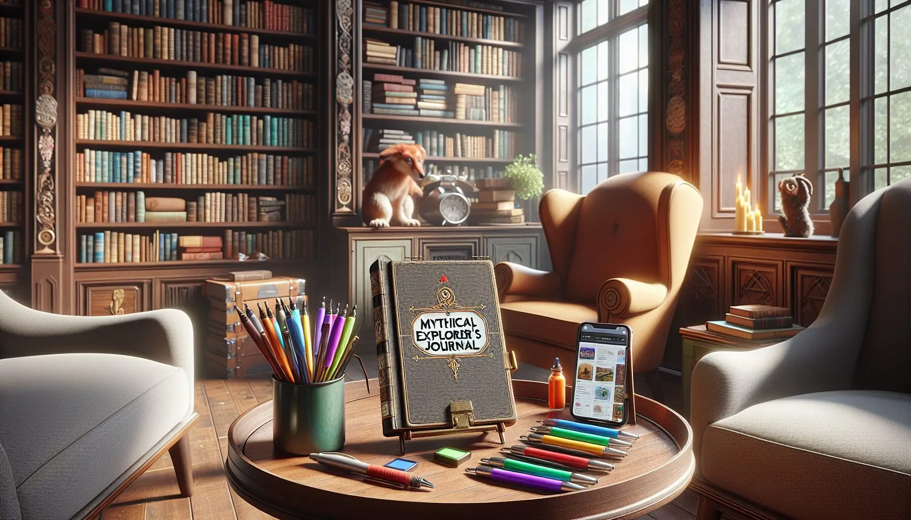 Generate an image of a home library with a cozy reading nook.