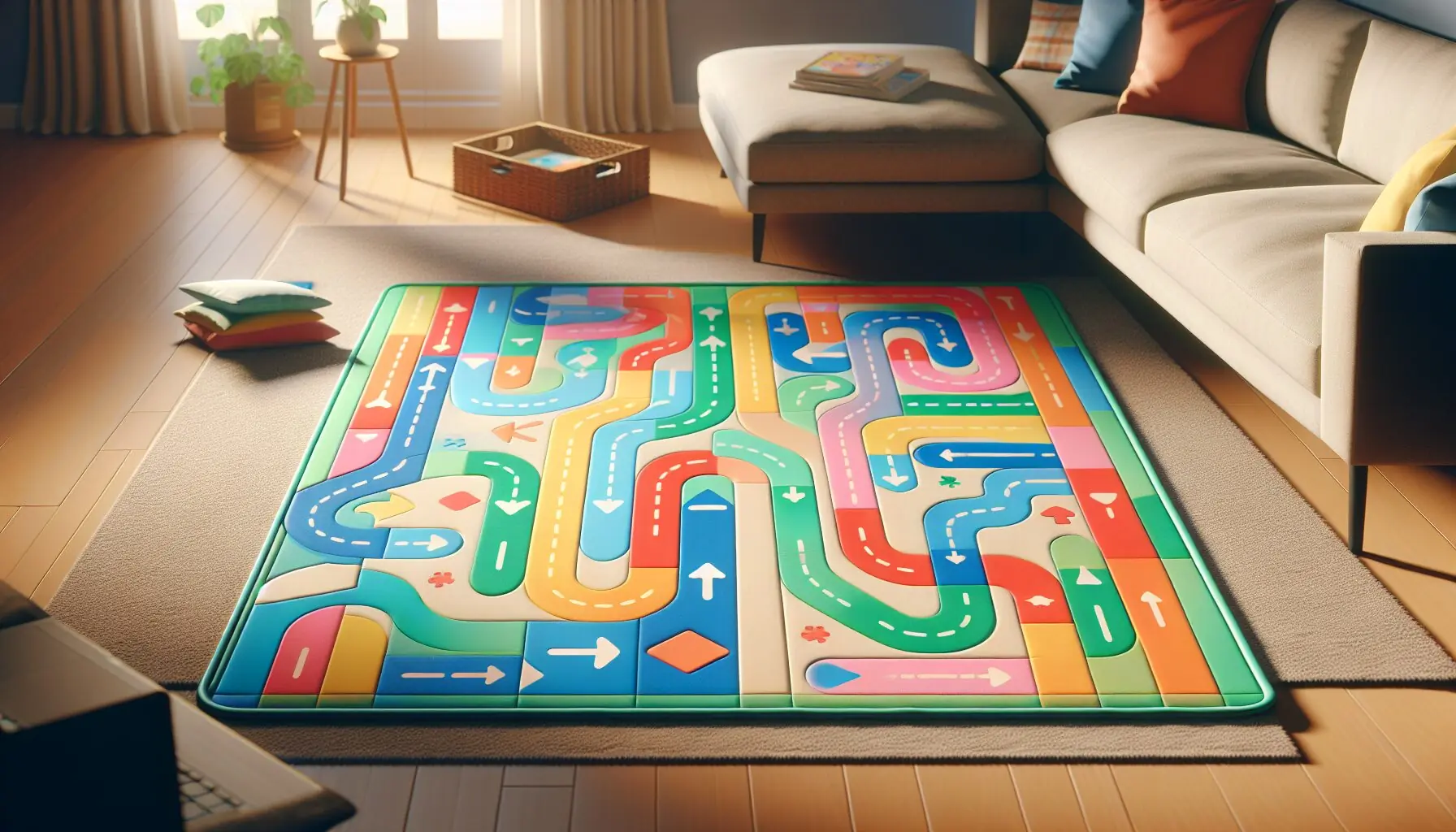 Generate an image showing colorful arrows and paths on a play mat, symbolizing direction and learning through play.