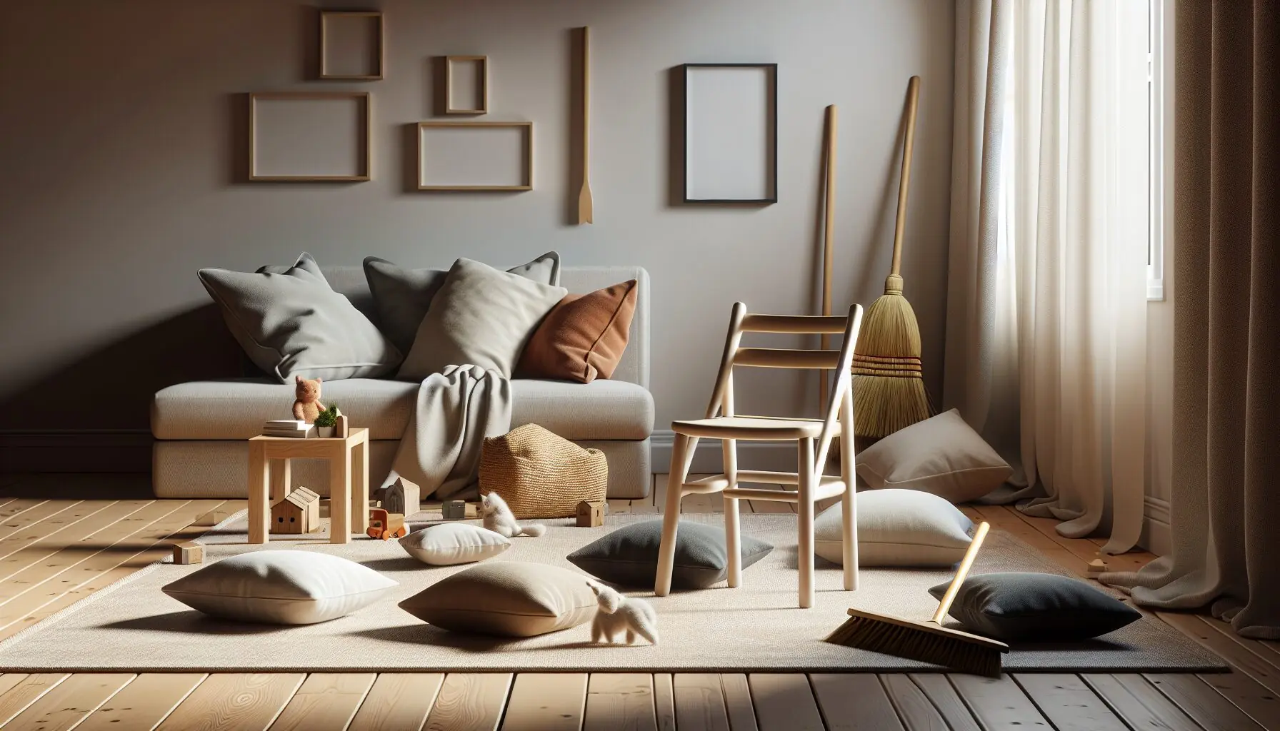 Generate an image of cozy living room setup with a playful obstacle set-up including cushions, a chair, and a broom.