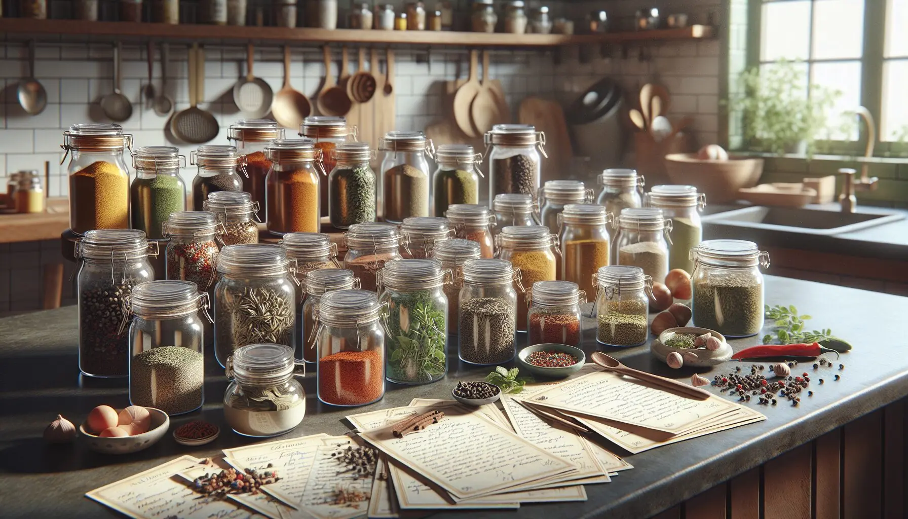 Generate an image of a kitchen counter with assorted spices, herbs, and recipe cards, embodying a family cooking setting.