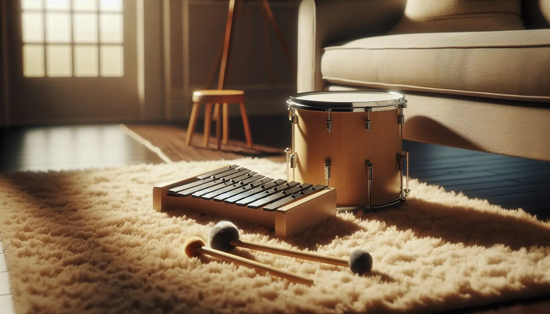 Generate an image of a small xylophone and drum isolated on a soft carpet.