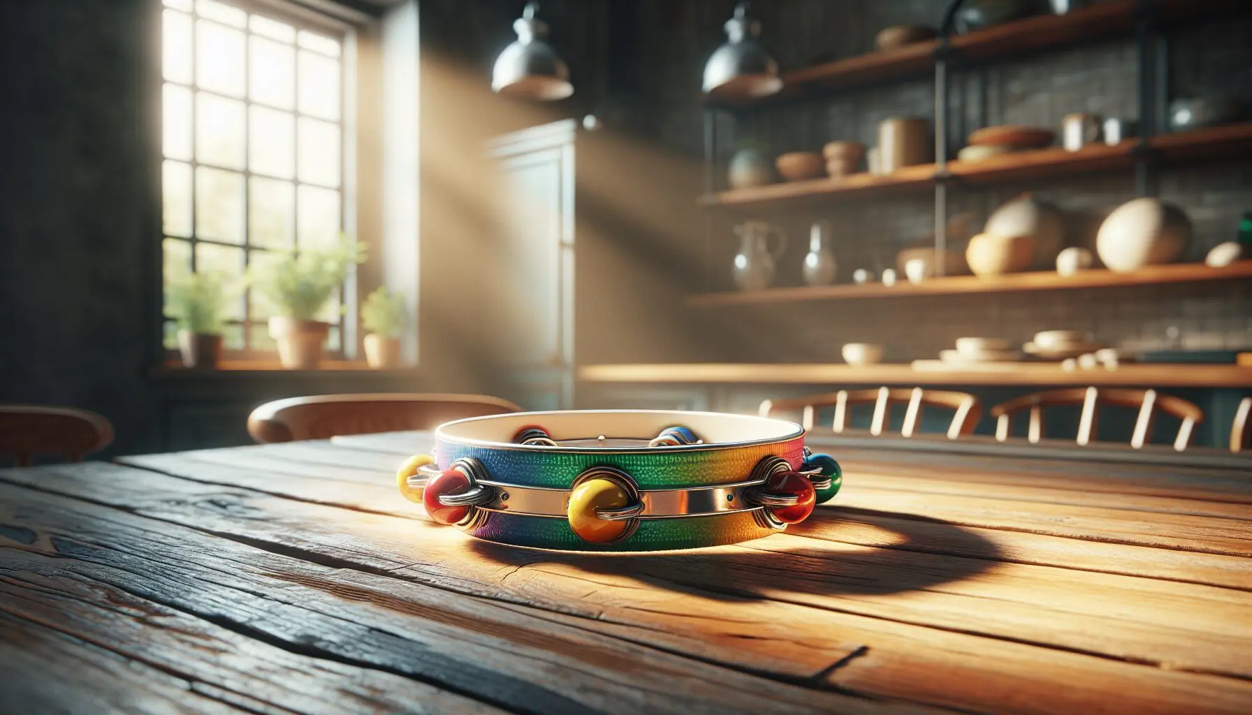 Generate an image of a colorful tambourine on a wooden table.