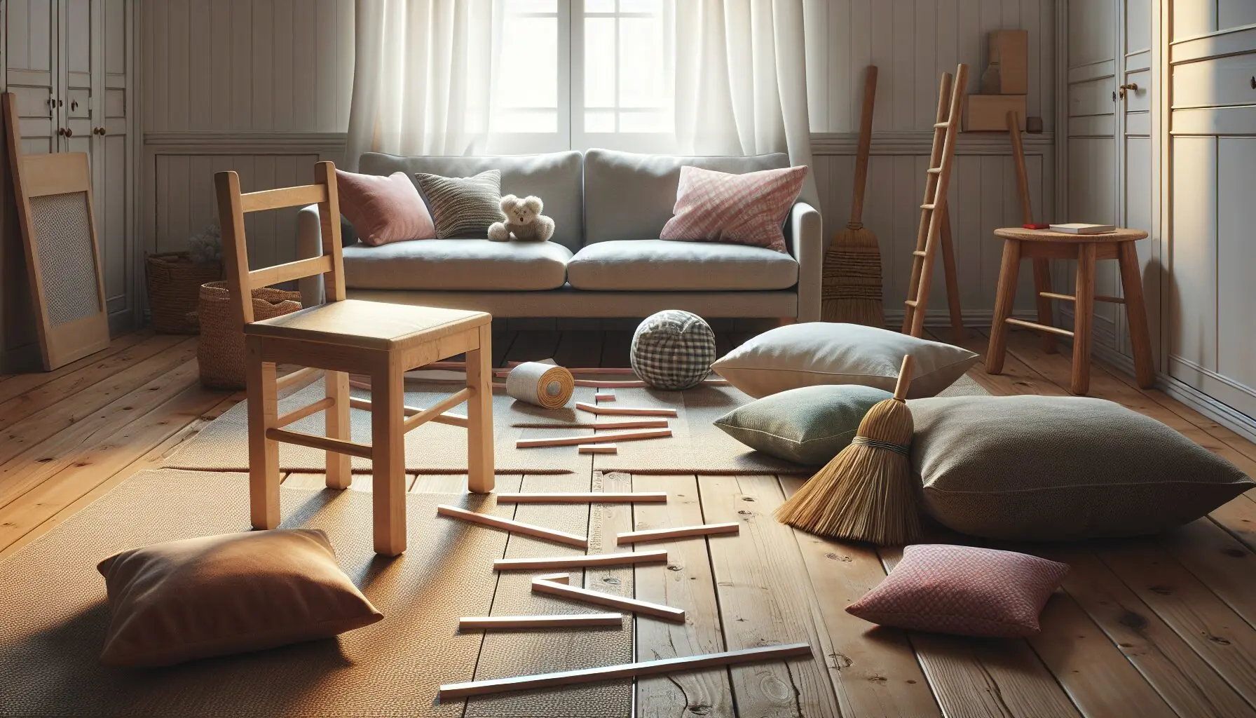 Generate an image of diverse household items like cushions, a chair, a broom, and tape ready for assembling into a playful obstacle course on wooden floor.