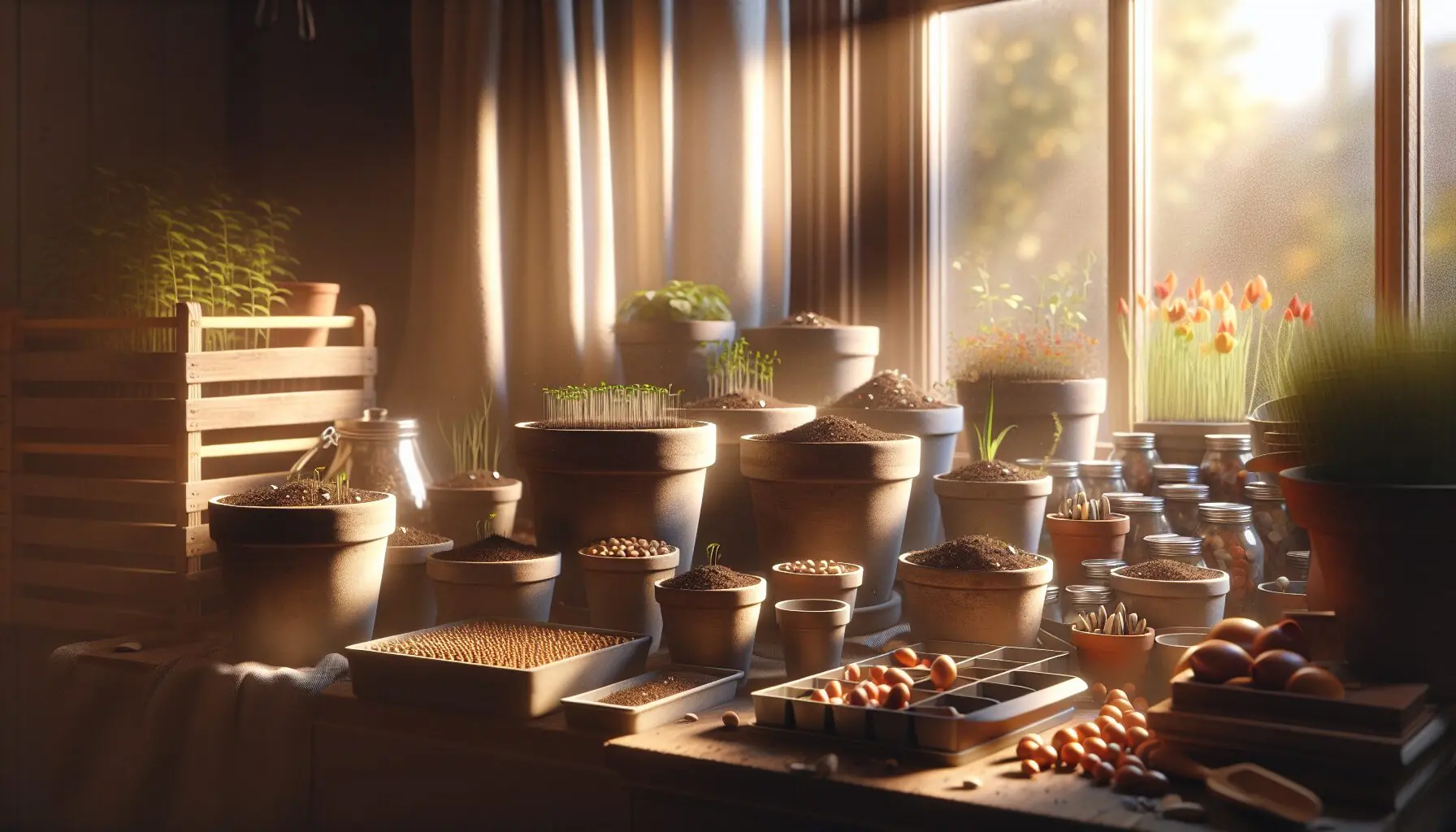 Generate an image of small pots with soil and seeds placed on a windowsill with sunlight streaming through.