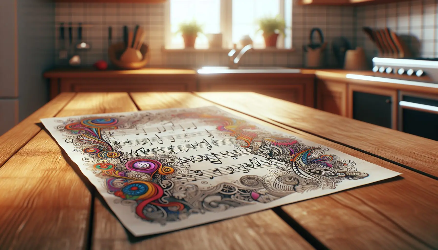 Generate an image of simple sheet music with playful doodles drawn around it.