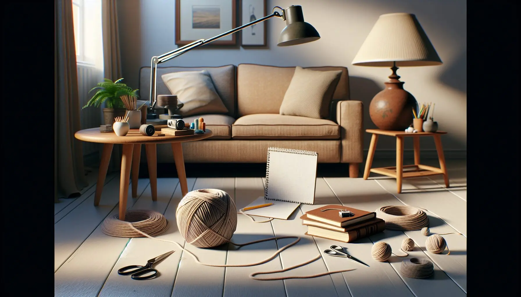 Generate an image of a string laid out next to a variety of household objects, like a lamp, a sofa, and a book.