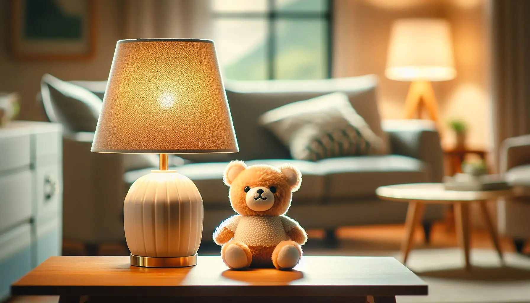 A whimsical drawing of a toy stuffed animal beside a softly glowing lamp.